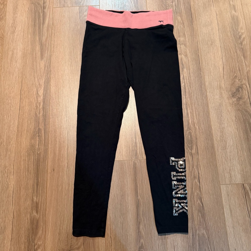 PINK Victoria’s Secret Yoga Black Pink Silver Sequin Logo Leggings Womens Medium